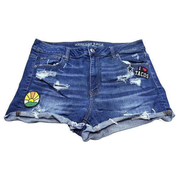 American Eagle Outfitters Distressed Hi-Rise Shortie Denim Shorts With Patches - Picture 1 of 8